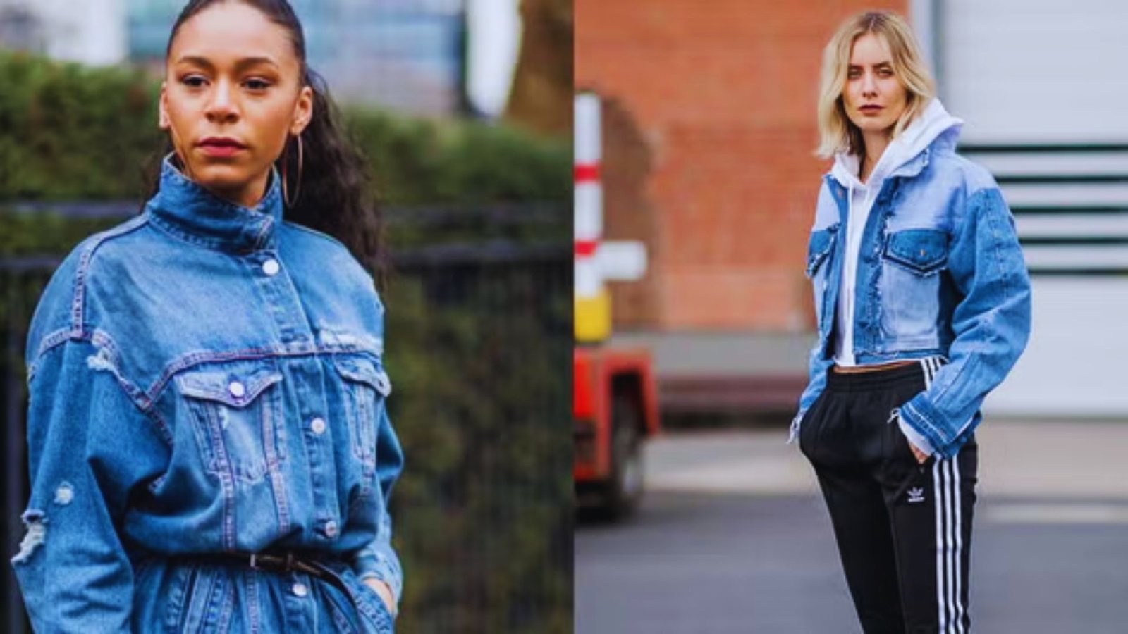 Two women dressed in denim jackets and Adidas track pants, representing casual weekend fashion choices.
