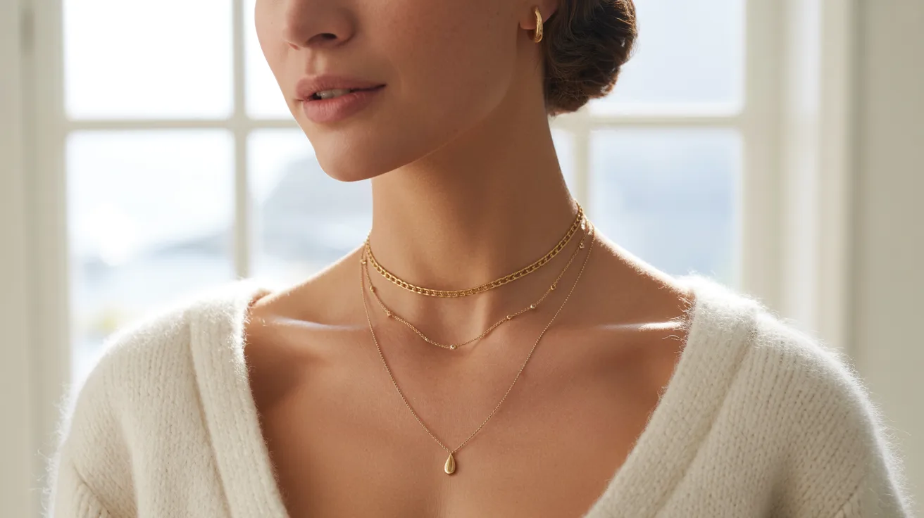 A woman wearing a white sweater and a gold necklace smiles, highlighting her elegant fashion choice.