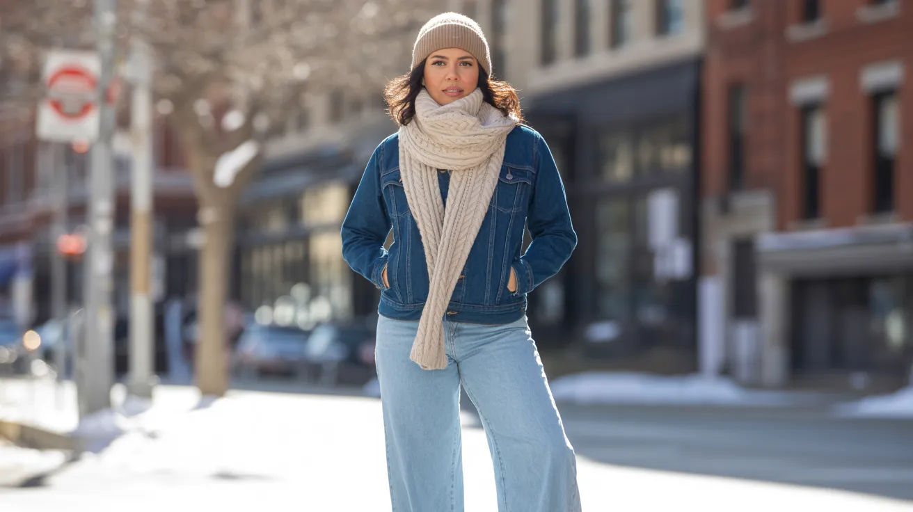 A woman in a scarf and hat walks along a snowy street, surrounded by a winter landscape.