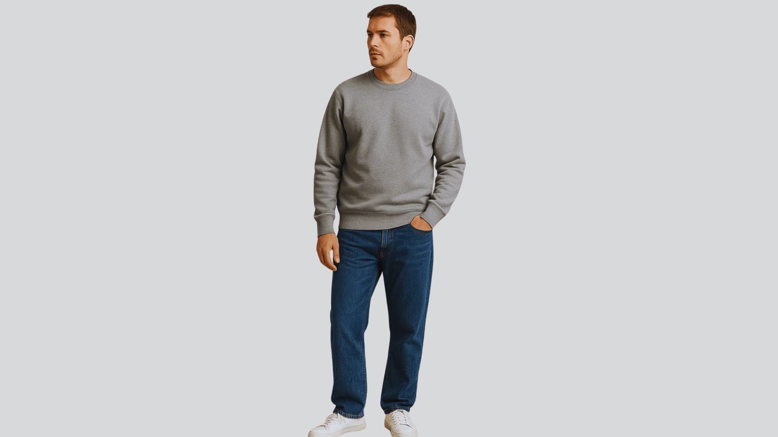 A man wearing a grey sweatshirt and jeans stands casually, showcasing a relaxed style.