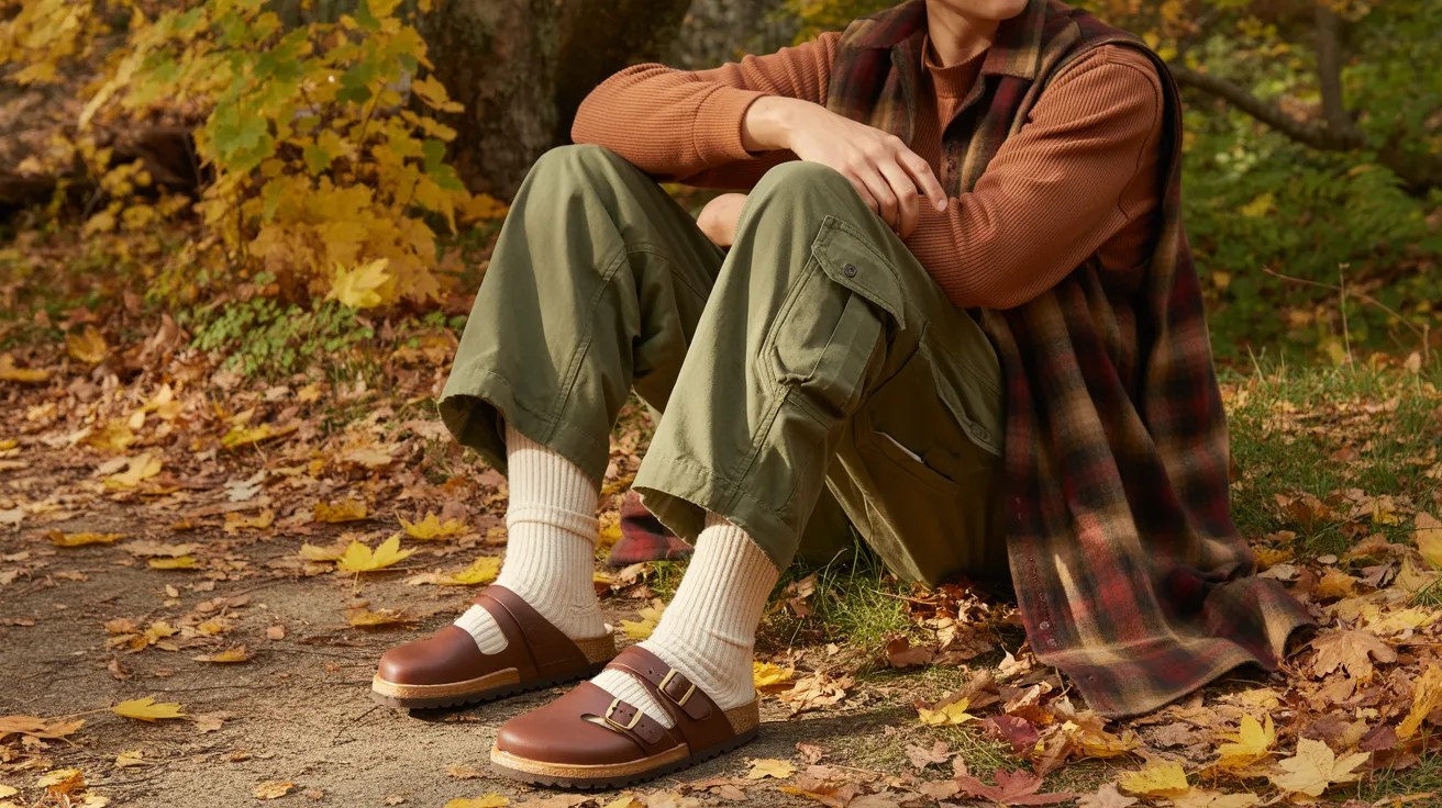 A man sitting on the ground, wearing brown shoes, with a relaxed posture and a neutral expression.