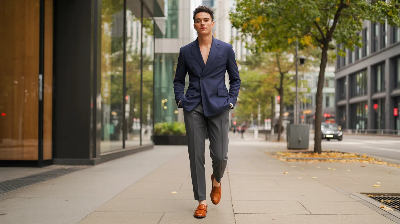 A man wearing a suit and tie walks purposefully down the street, blending into the city environment.
