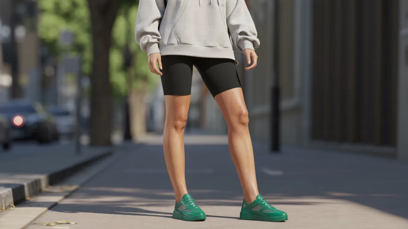 A woman wearing a hoodie and shorts stands on the street, looking confidently ahead.