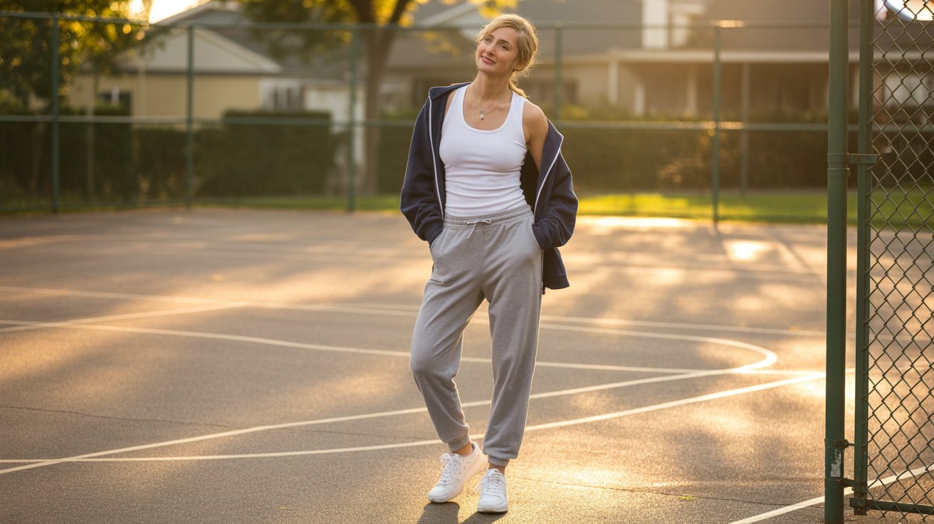 A woman in a white tank top and grey sweatpants stands on a basketball court, ready to play.
