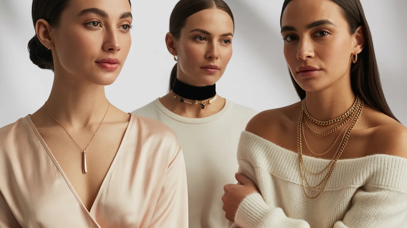 Three women display an array of necklaces and chokers, emphasizing their individual fashion choices.