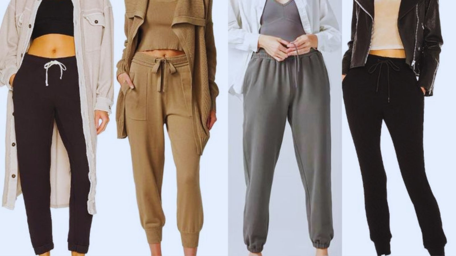 Image features four distinct styles of women's pants: tailored, relaxed fit, joggers, and flared, highlighting versatility.