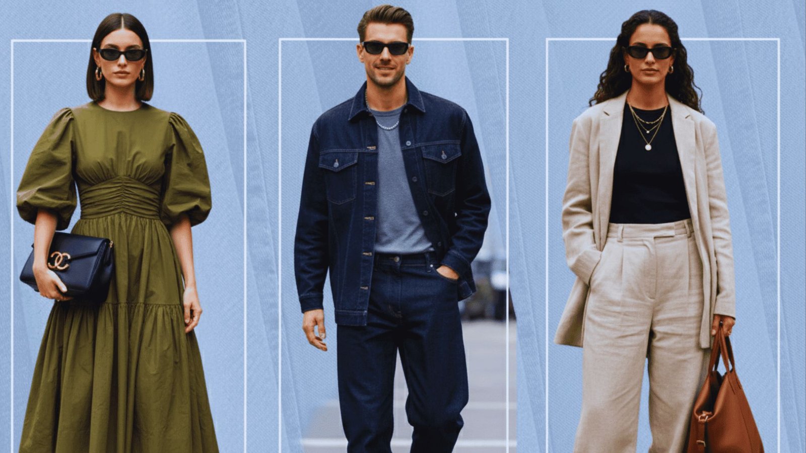 Four individuals in diverse outfits walking together down a city street, showcasing various styles and expressions.
