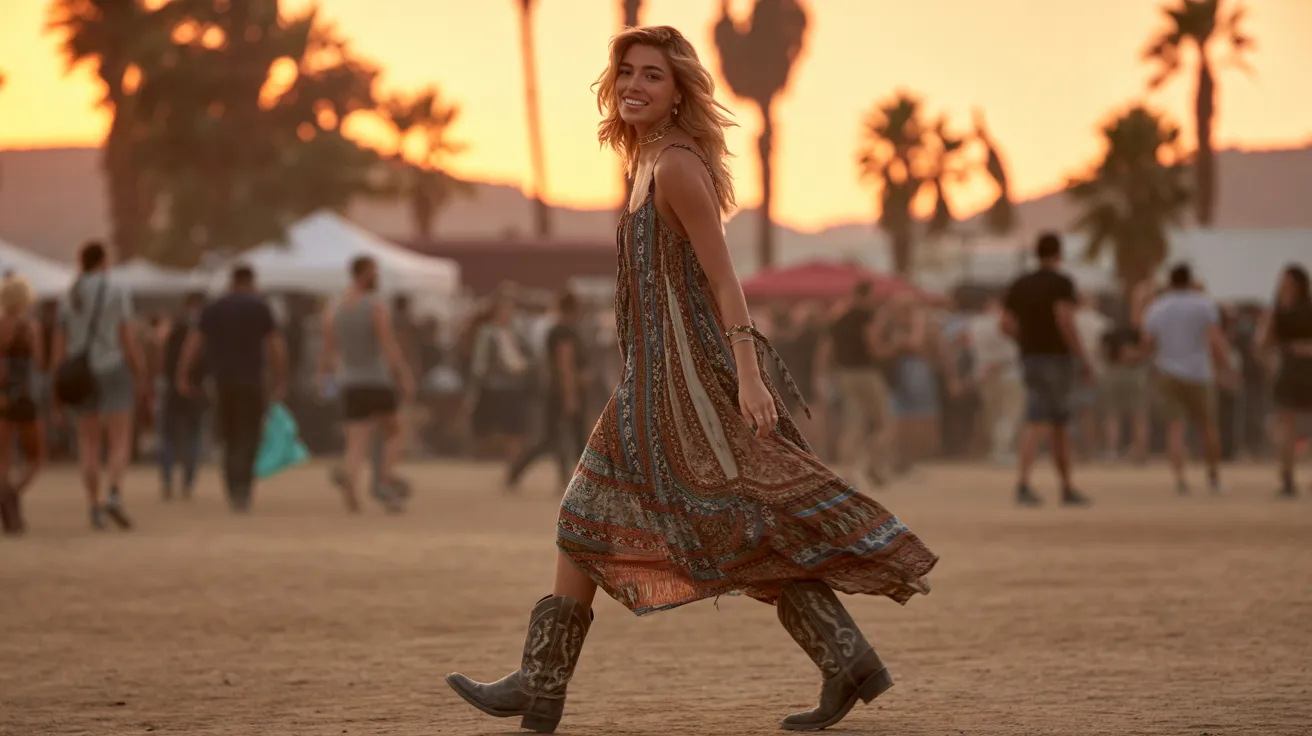 A woman wearing a dress and cowboy boots strolls through the arid desert, embodying a blend of style and nature.