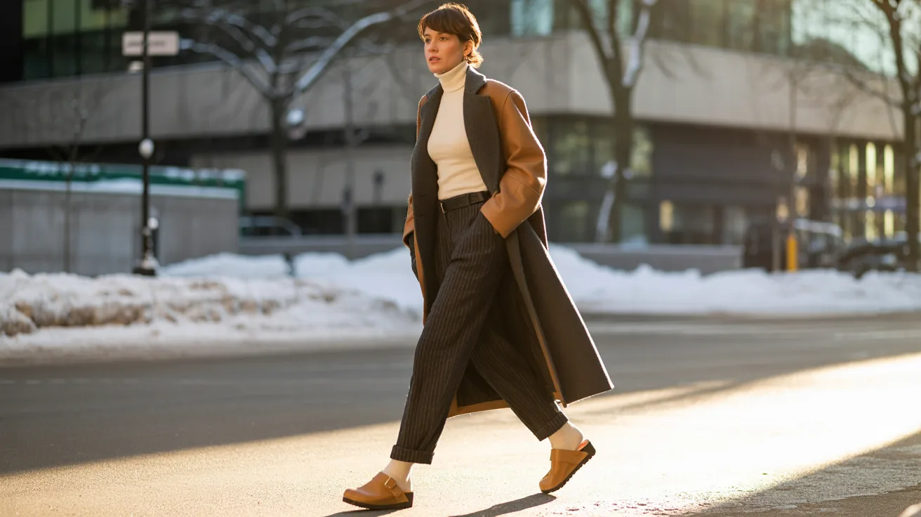 A woman in a coat and pants walks confidently down a city street, surrounded by urban scenery.