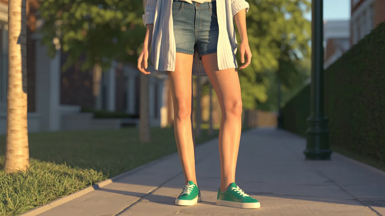 A woman in a jacket and shorts stands on a sidewalk, casually observing her surroundings.