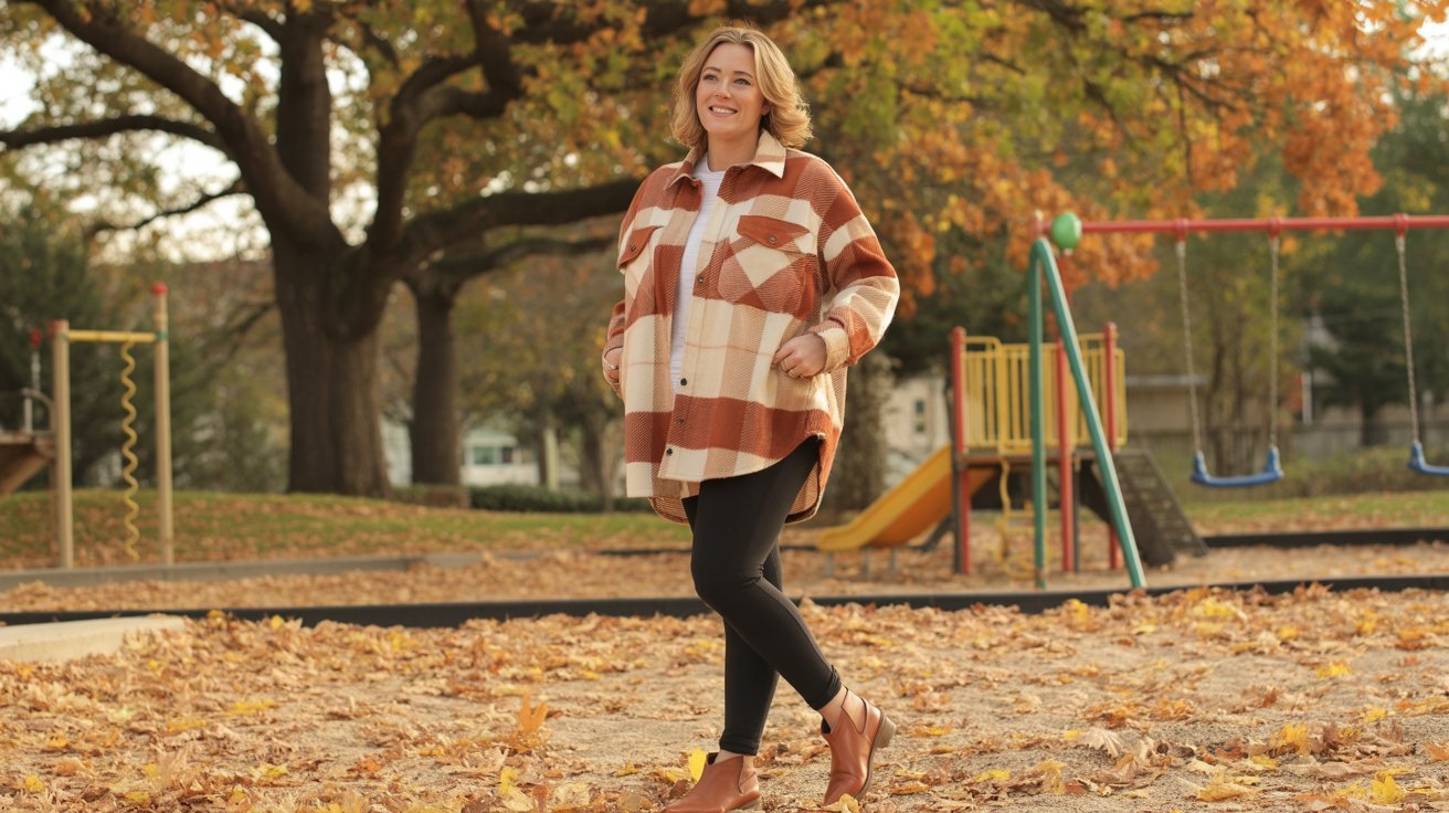 A woman in a brown and white plaid shirt and black leggings walks through a park, surrounded by greenery.