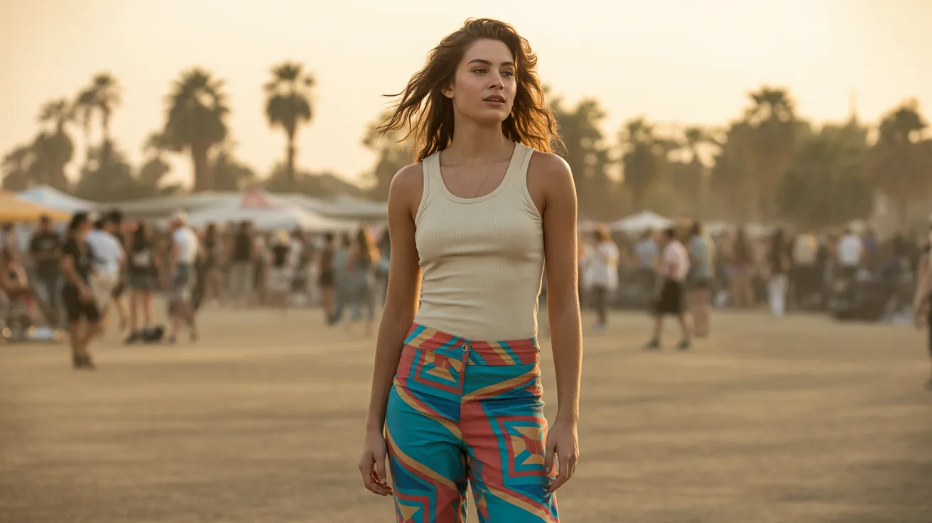 A woman wearing a tank top and vibrant, colorful pants stands confidently, showcasing her unique style.