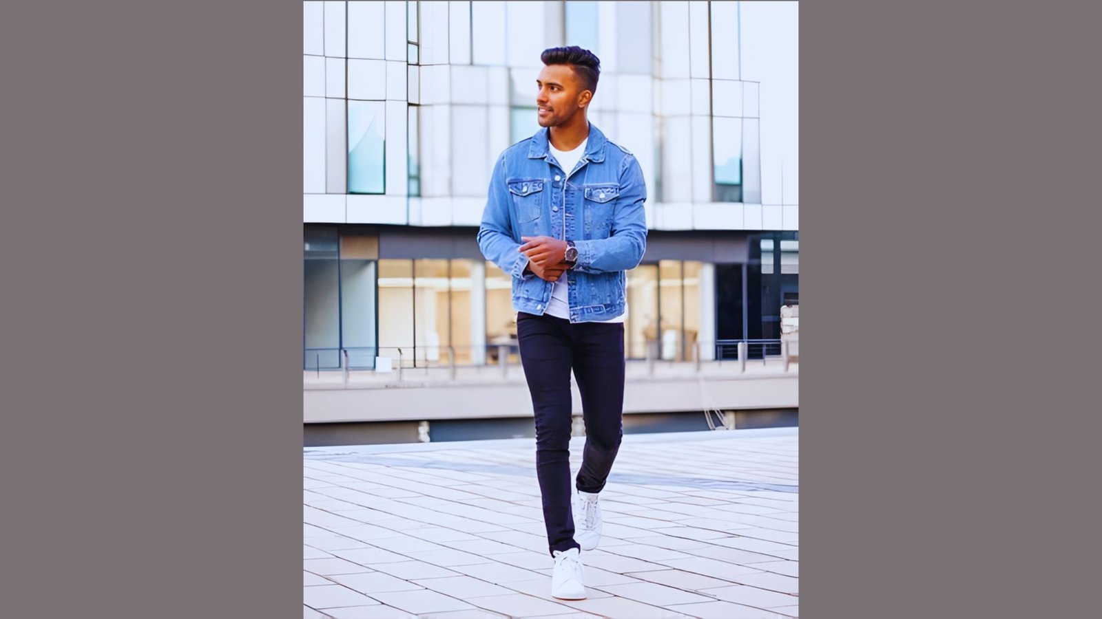A man in a blue denim jacket and white sneakers stands, embodying a casual yet fashionable appearance.