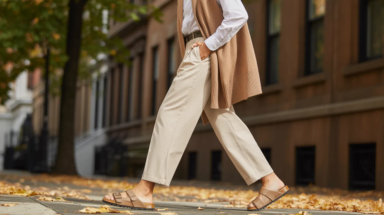 A woman in a beige sweater and tan pants walks down the street, surrounded by urban scenery.