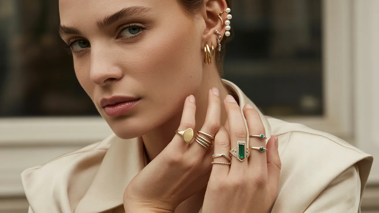 A woman in a white shirt adorned with green jewelry, showcasing a stylish and elegant appearance.