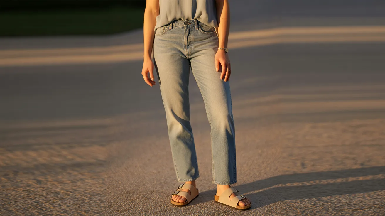  A woman in jeans and sandals stands on a road, surrounded by greenery, with a calm demeanor.
