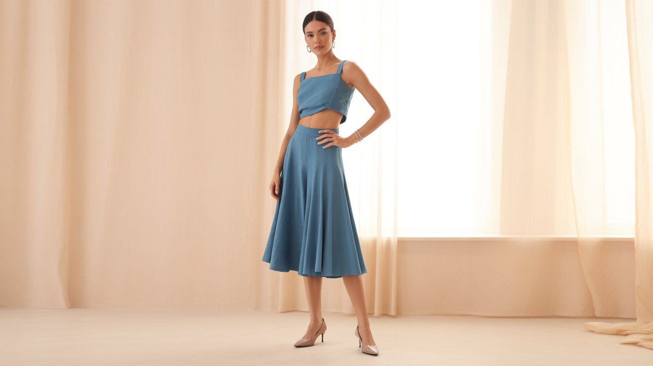 A woman in a blue dress stands gracefully in front of a window, with natural light illuminating her figure.