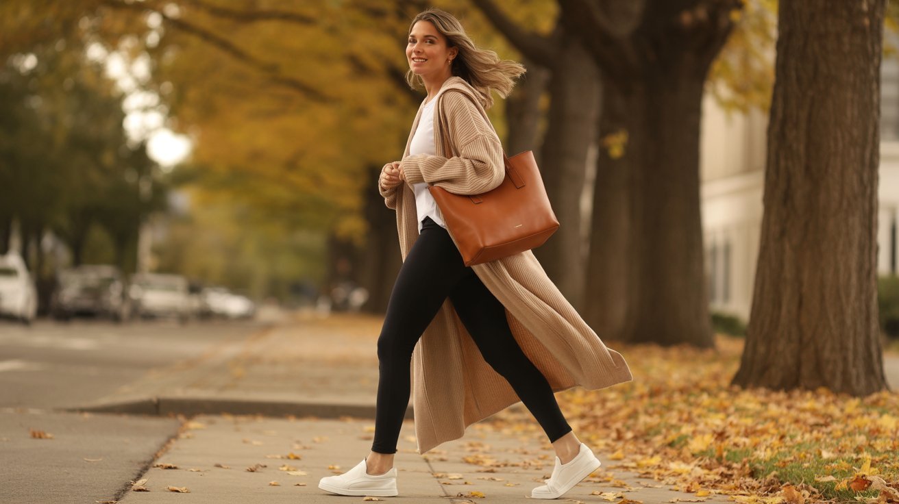 A woman in a long coat and white sneakers walks down the street, showcasing a casual urban style.