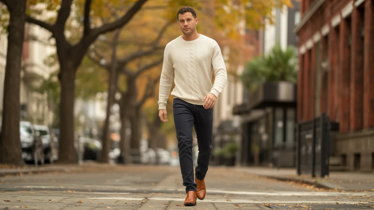 A man wearing a sweater and jeans walks down a city street, surrounded by buildings and trees.
