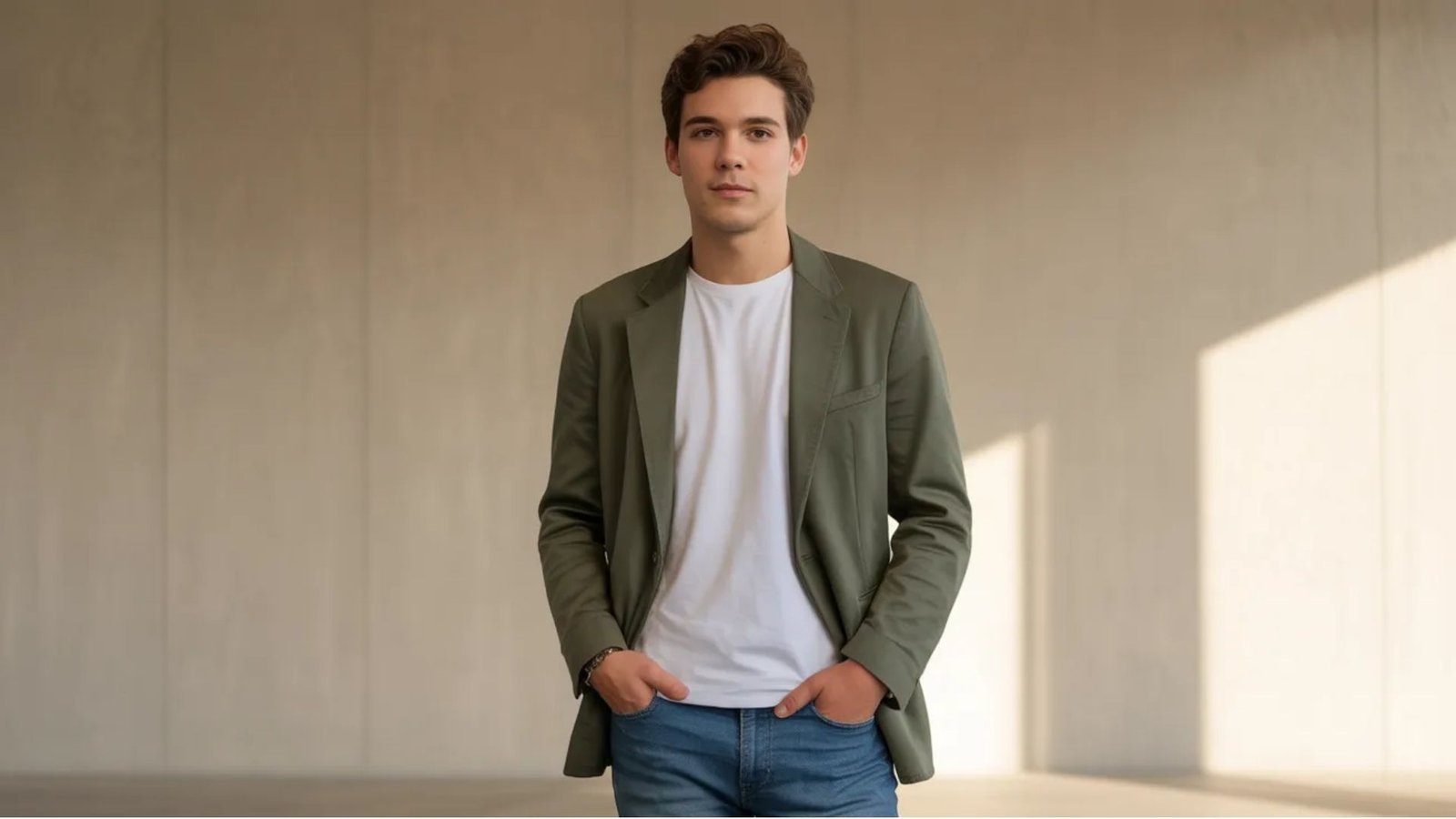 A young man wearing a green jacket and jeans stands confidently, showcasing a casual and stylish look.