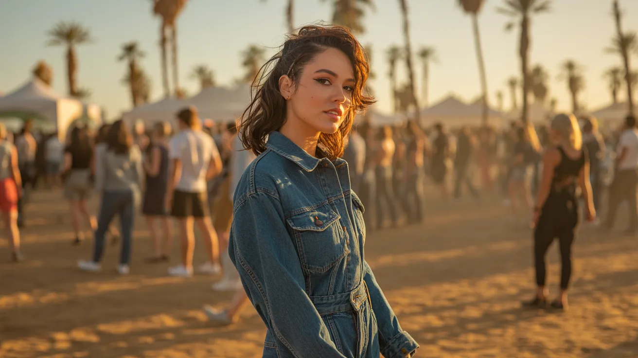 A woman wearing a denim jacket stands before a crowd, appearing to address or connect with the audience.