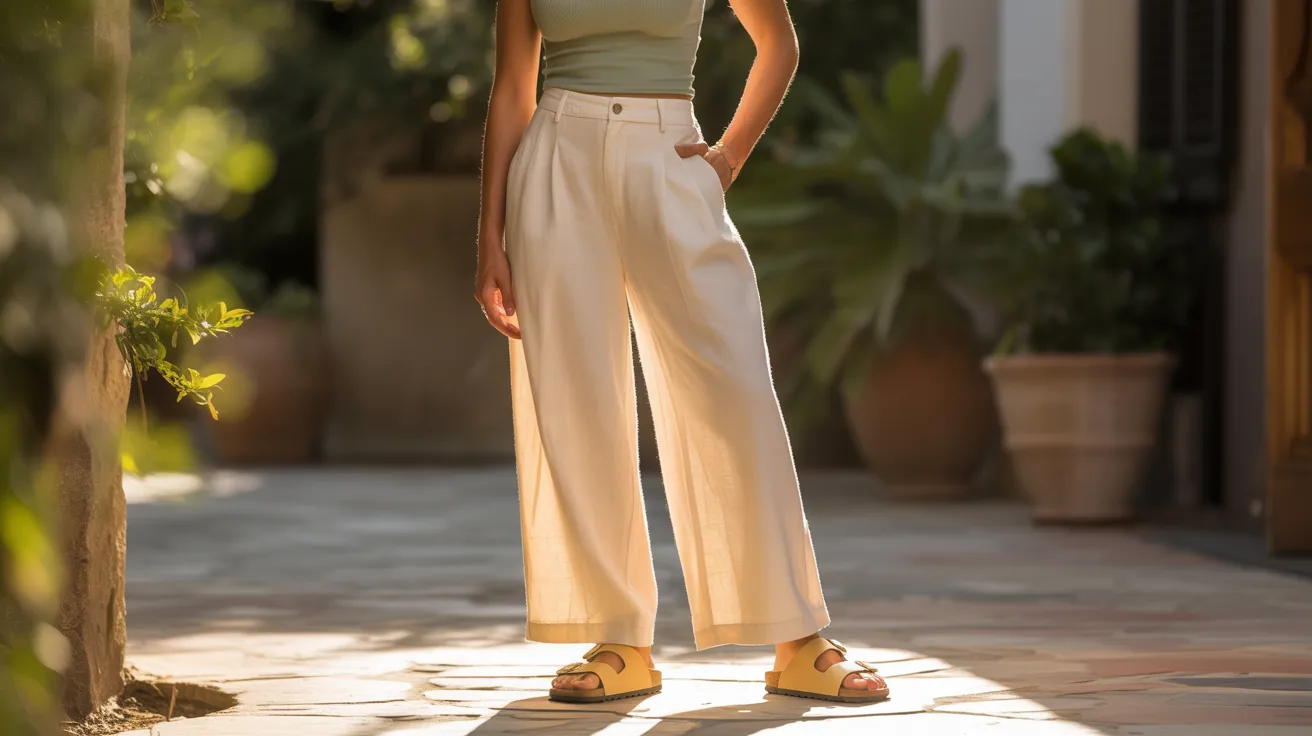  A woman in a green top and wide pants stands, exemplifying a chic and relaxed style.