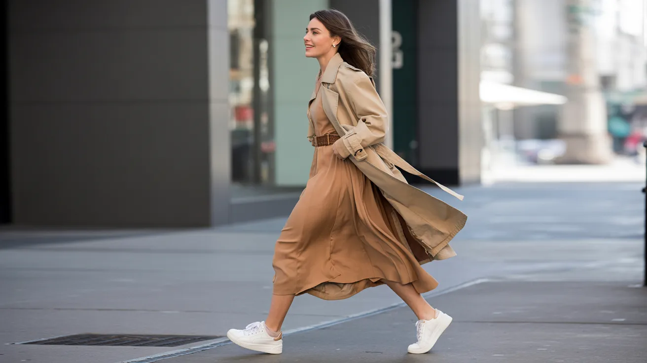 A woman wearing a tan trench coat and white sneakers stands confidently, showcasing a stylish and casual outfit.
