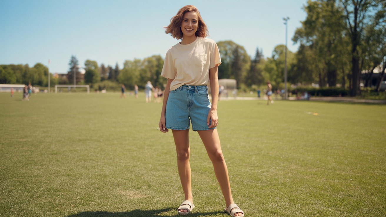 A woman wearing shorts stands confidently on a grassy field, enjoying the outdoors.