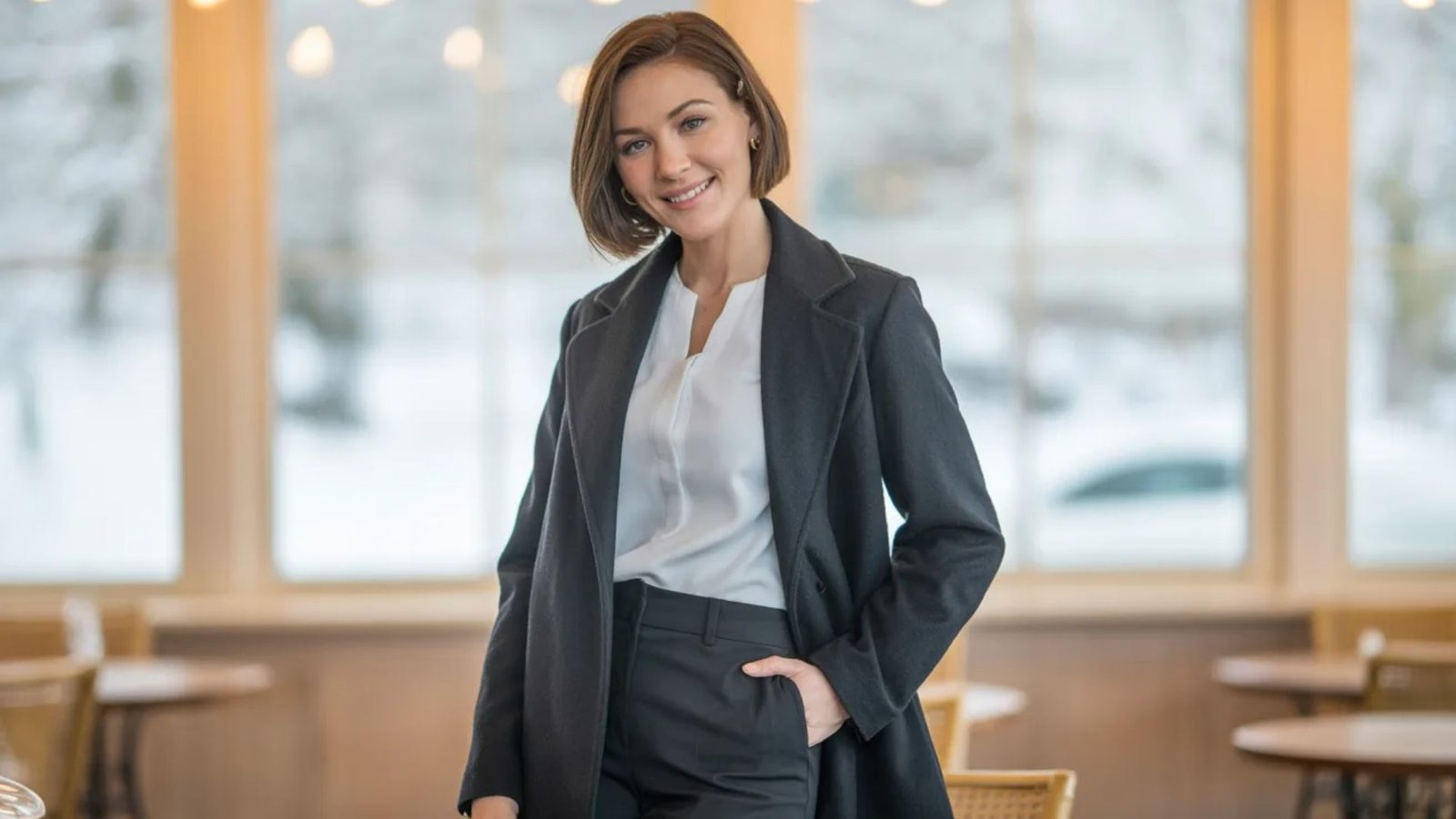 A woman in a suit stands confidently in front of a table, exuding professionalism and poise.
