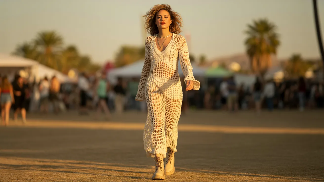 A woman in a flowing white dress walks gracefully through a vast desert landscape under a clear blue sky.