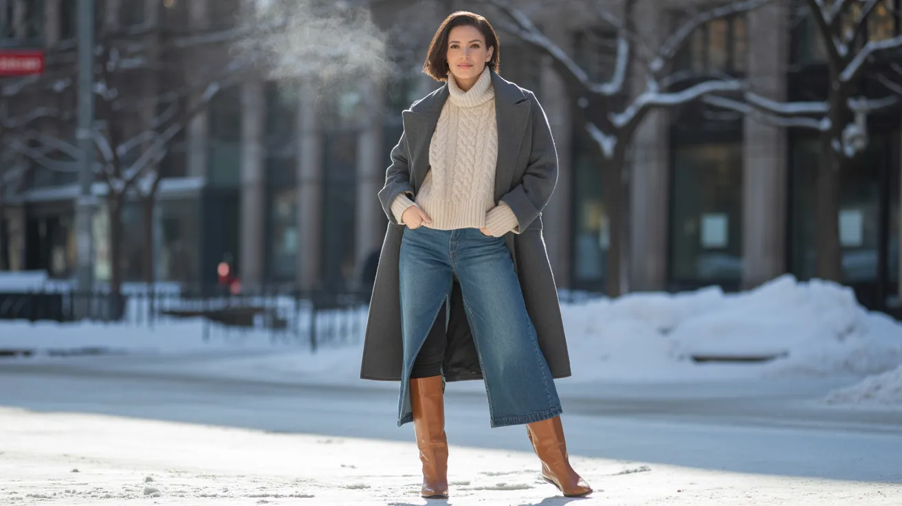 A woman wearing a coat and jeans stands on a snowy street, surrounded by a winter landscape.