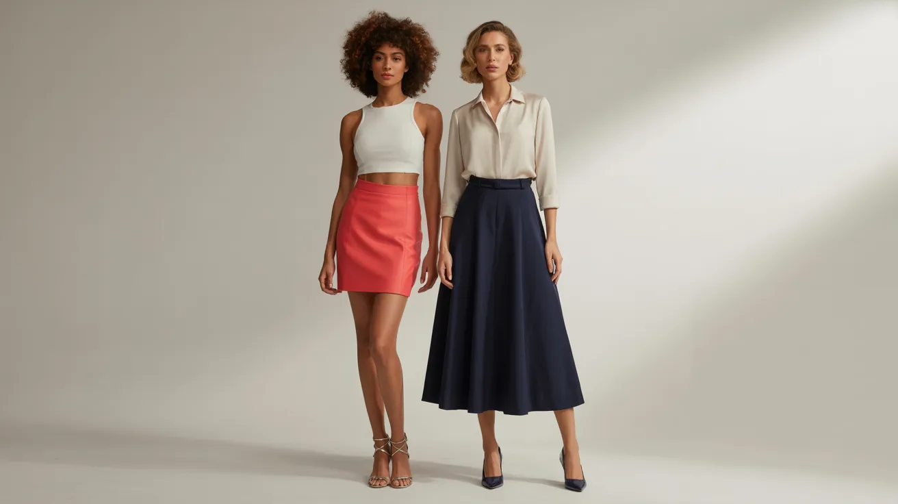  Two women in skirts and blouses stand side by side, smiling at the camera in a bright, outdoor setting.