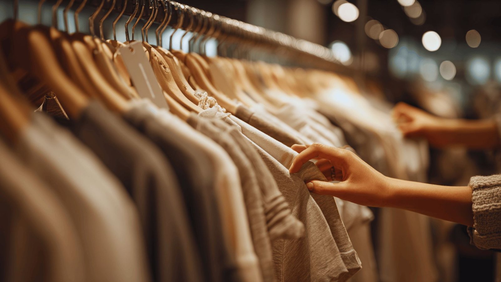A person holds a shirt while standing next to a clothing rack filled with various garments.