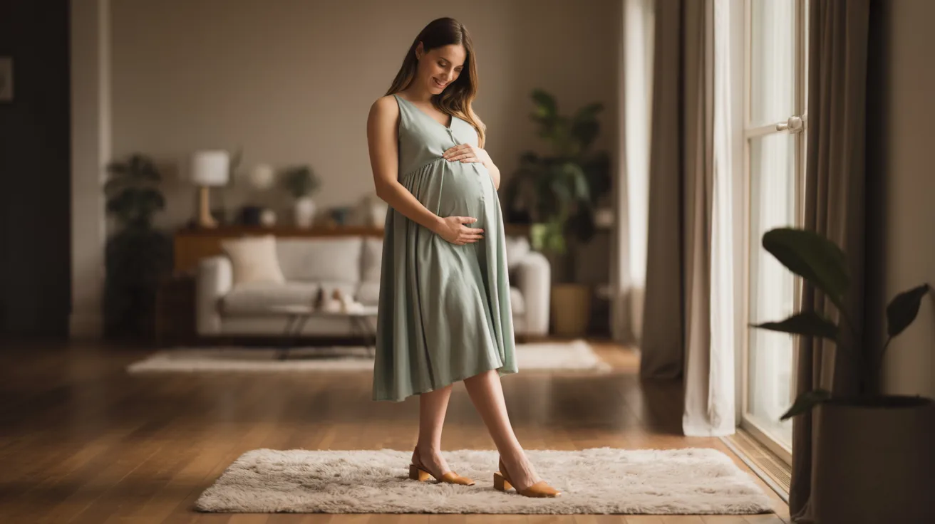 Pregnant woman standing in heels, reflecting on the challenges of wearing stylish footwear during pregnancy.