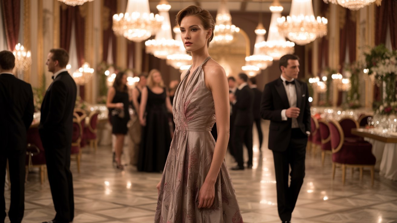 A woman in a dress stands gracefully in a well-lit room, surrounded by elegant decor.