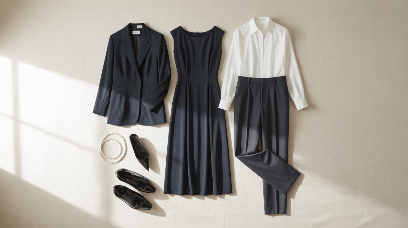 Three clothing items: a white shirt, black pants, and black shoes arranged together on a neutral background.