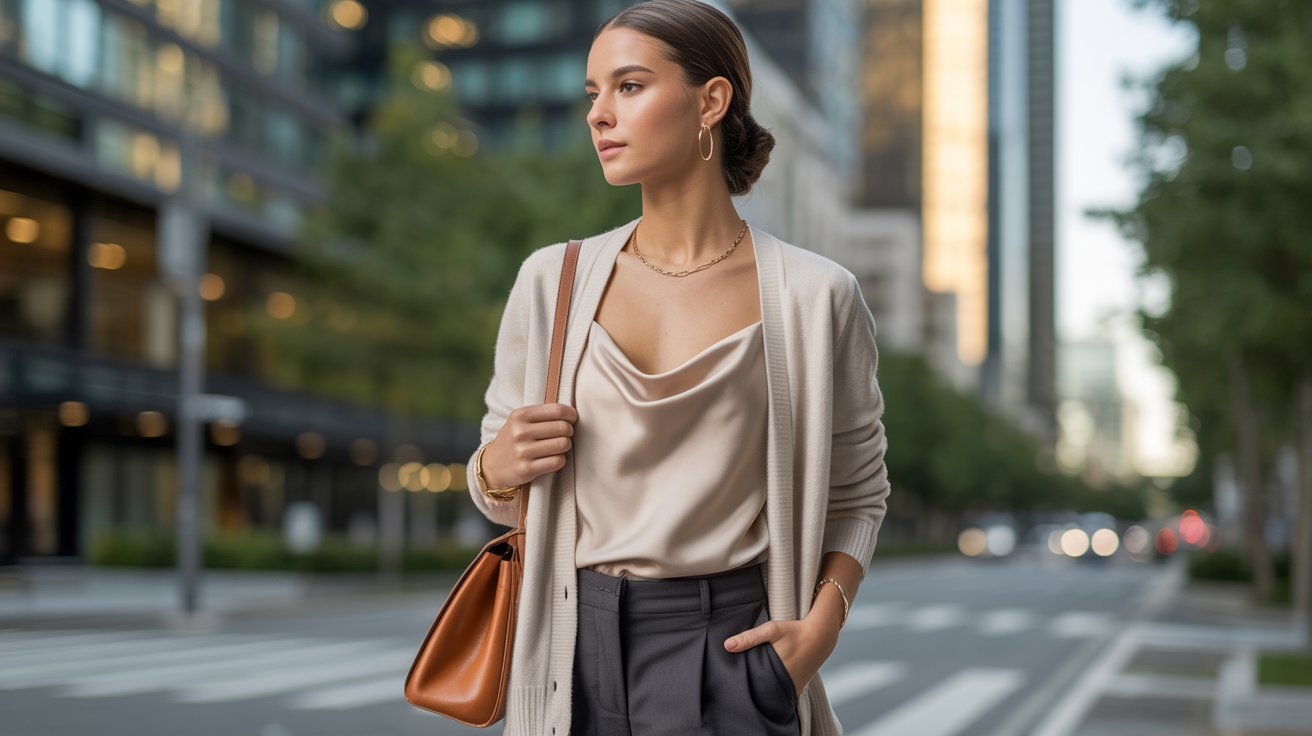 A woman dressed in a business suit stands on a city street, showcasing a vibrant urban environment around her.
