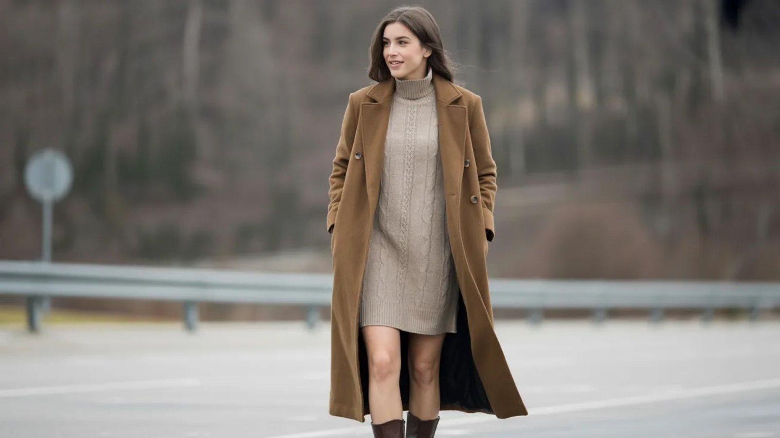 A woman dressed in a brown coat and dress strolls down a road, with trees lining the path on either side.
