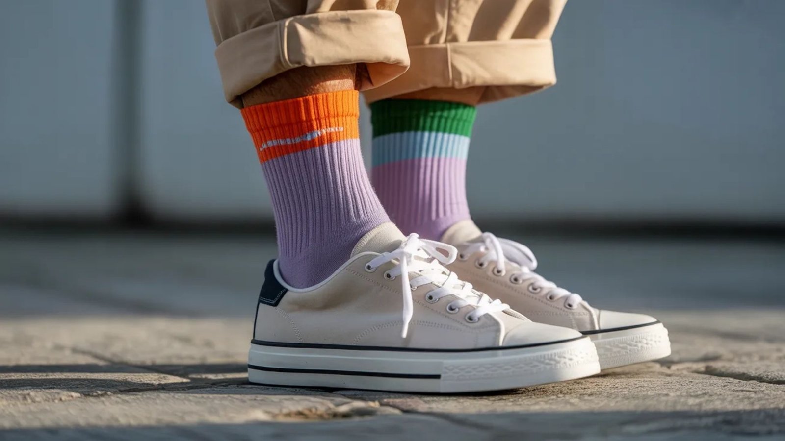 A person wearing vibrant, colorful socks paired with stylish sneakers, standing on a sidewalk.
