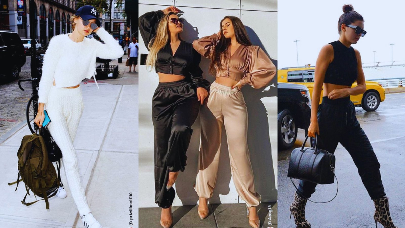 A group of four women wearing black tops and white pants pose together, showcasing a stylish and coordinated look.