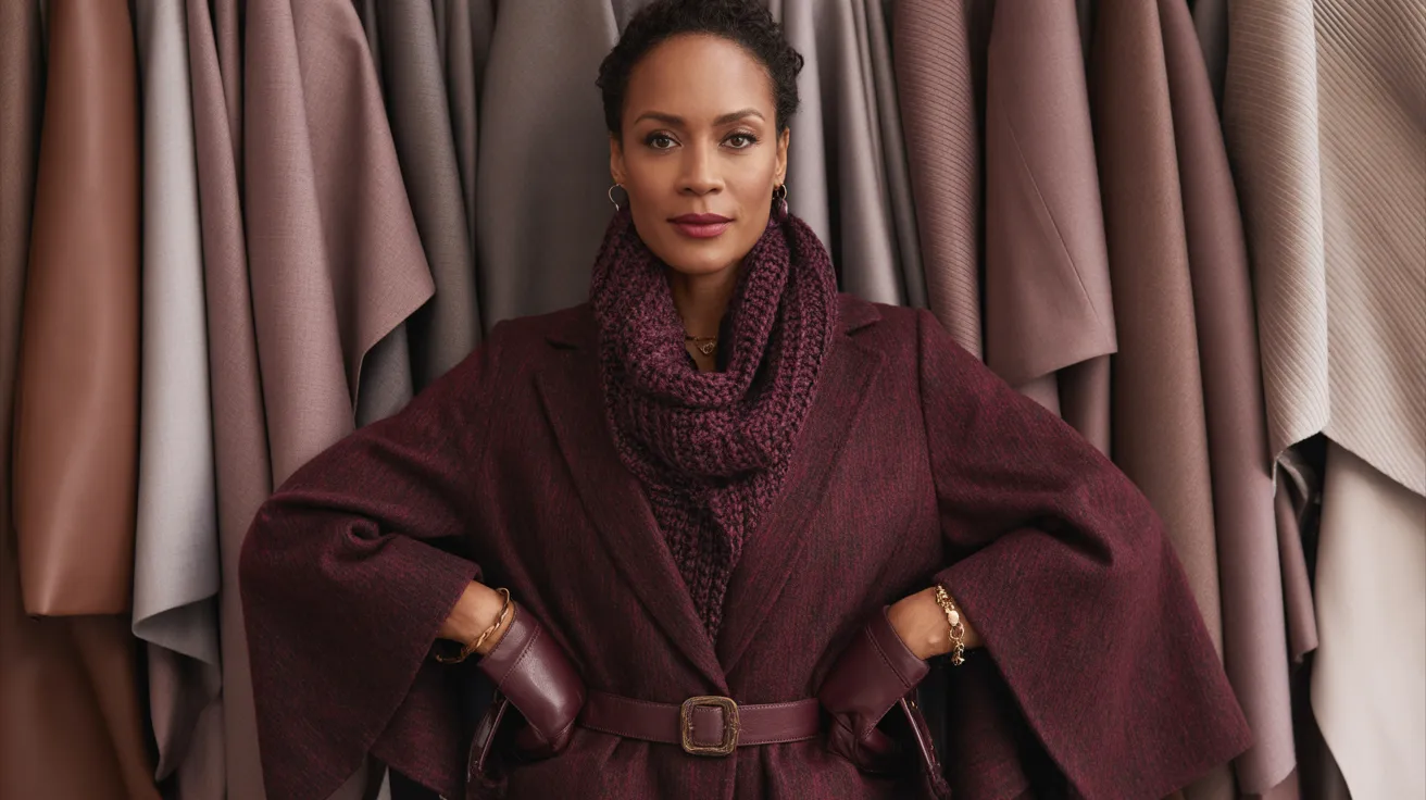  A woman wearing a burgundy coat and scarf poses in front of a vibrant fabric wall, showcasing various textures.