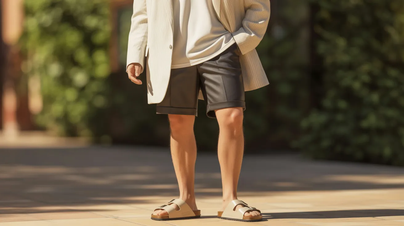 A man wearing a white shirt and shorts stands casually outdoors.