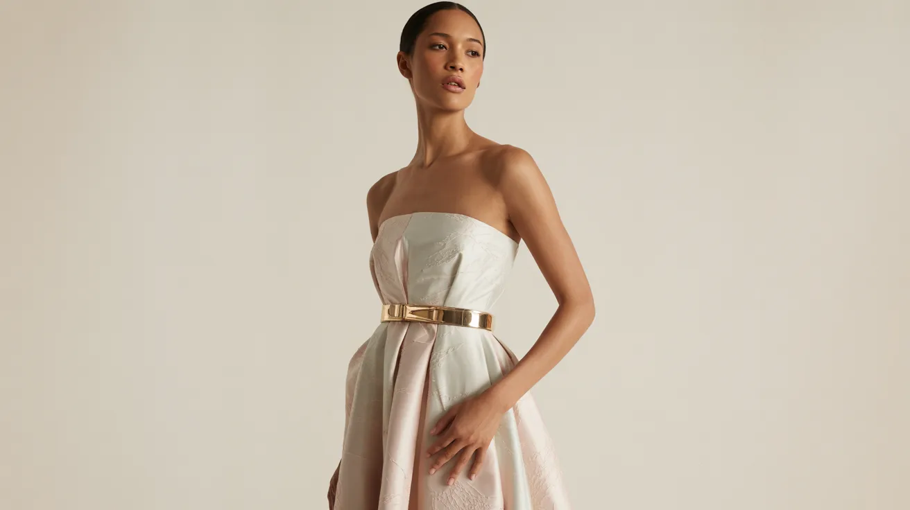 A model showcases a strapless dress accentuated by a stylish gold belt.