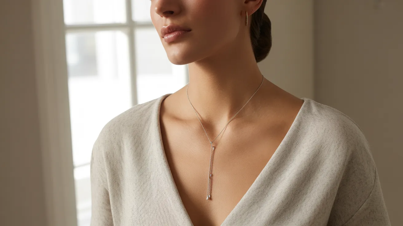 A woman wearing a white sweater and a necklace, looking confidently at the viewer.