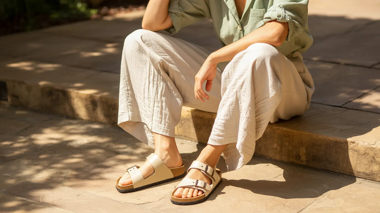  A woman wearing white sandals is seated on a stone wall, surrounded by a natural outdoor setting.