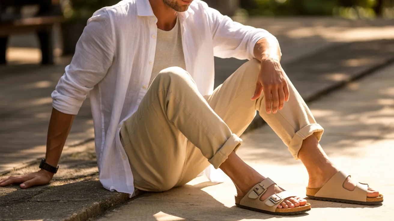  A man sitting on the ground, casually dressed and wearing sandals.