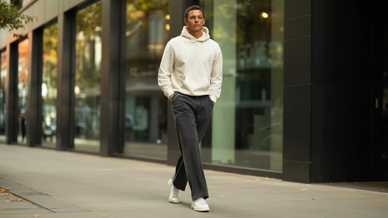 A man dressed in a white sweater and grey pants strolling down the sidewalk.