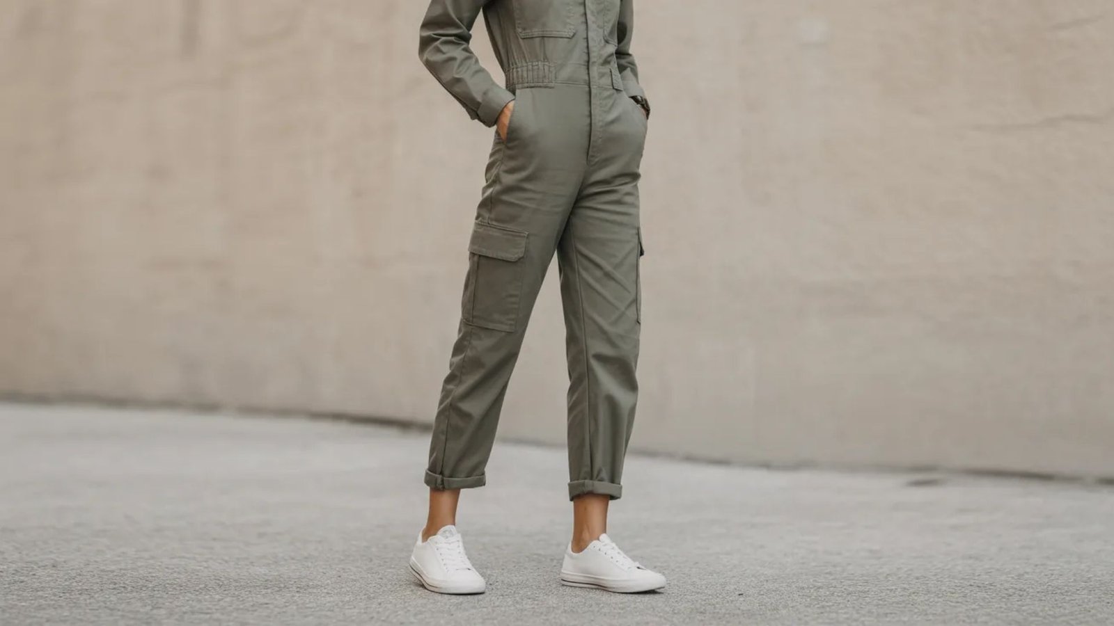A woman in a green jumpsuit and white sneakers stands confidently, showcasing a casual yet stylish outfit.
