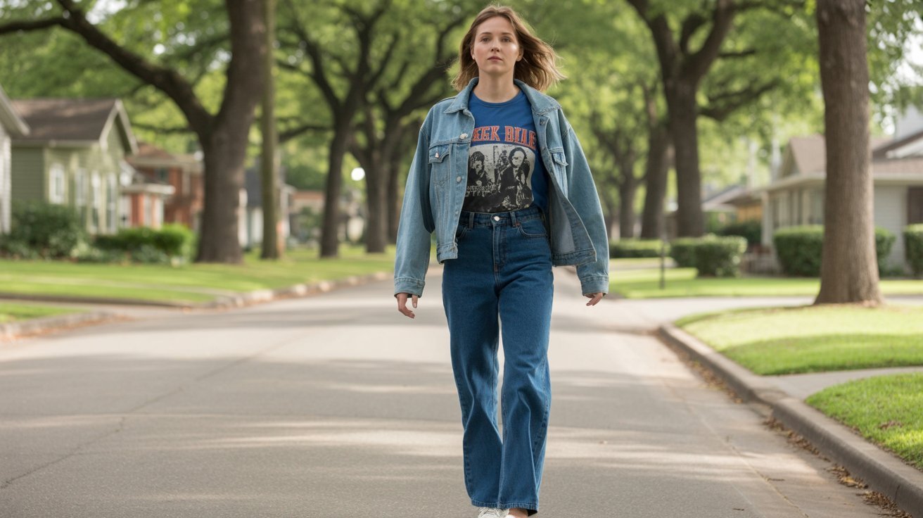 A woman in jeans and a denim jacket walks confidently down a bustling street.
