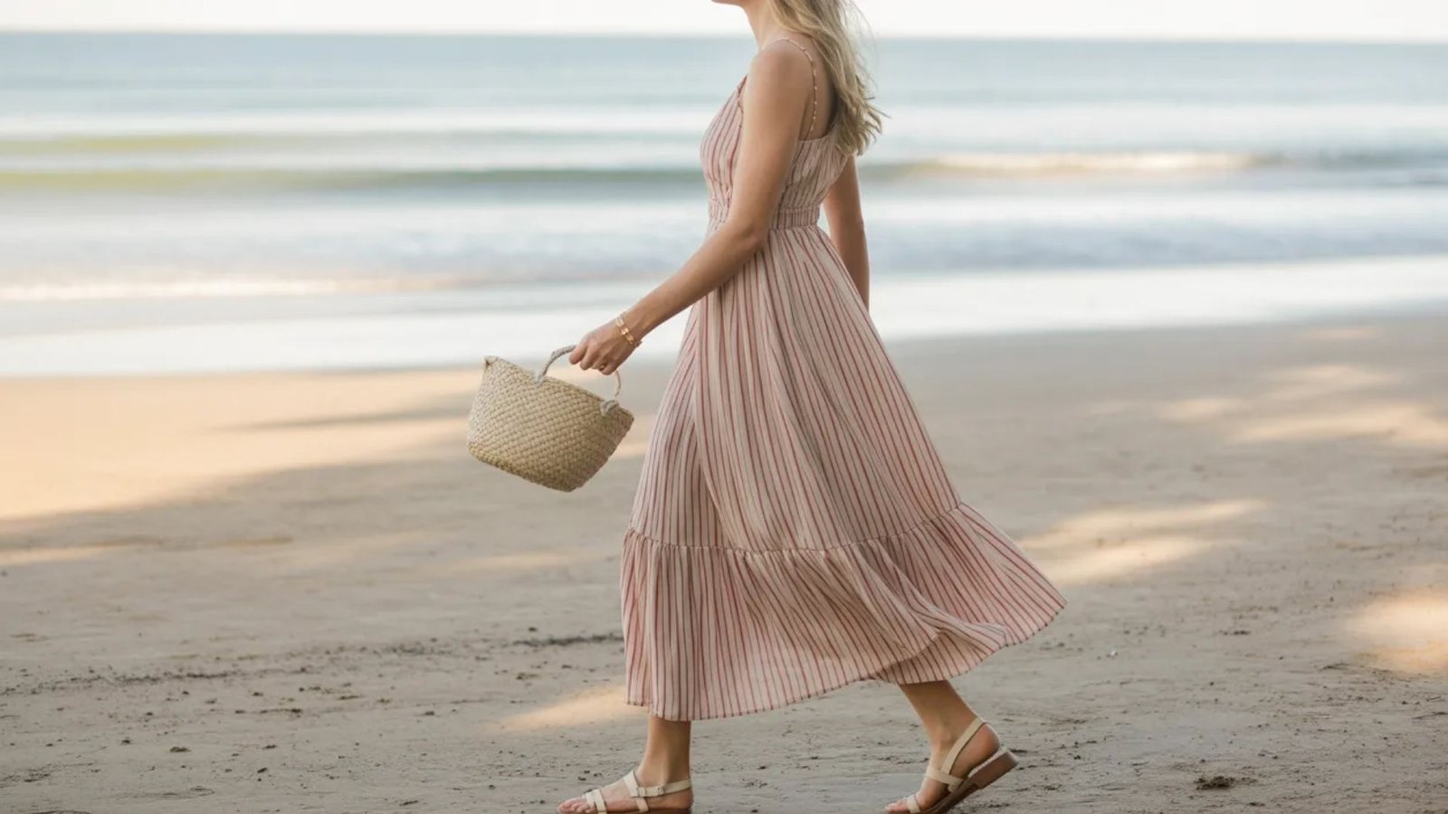 A woman in a pink dress strolls along the beach, with waves gently lapping at the shore in the background.
